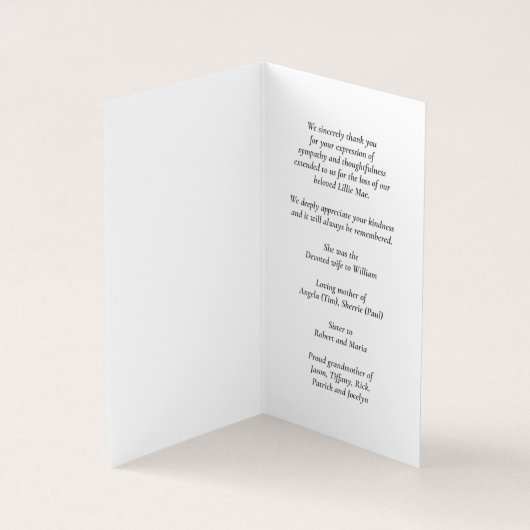 シンプル葬儀記念祈りの言葉フォトカード 名刺 (内部)