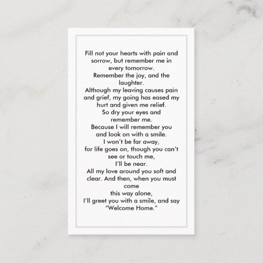 シンプル葬儀記念祈りの言葉フォトカード 名刺 (裏面)