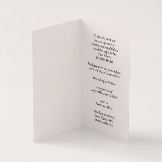 シンプル葬儀記念祈りの言葉フォトカード 名刺 (内部)