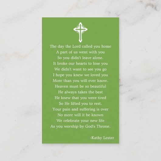 シンプル葬儀記念祈りの言葉フォトグリーンカード 名刺 (裏面)