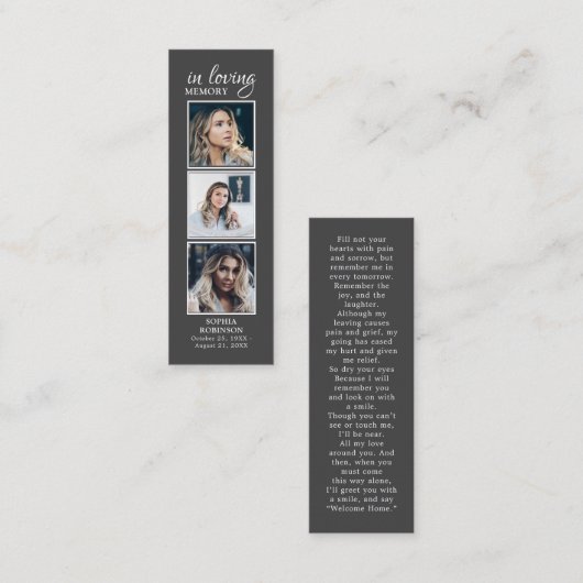 シンプル葬儀3フォト悔やみや弔慰グレー祈りの言葉カード スキニー名刺 (正面/裏面)