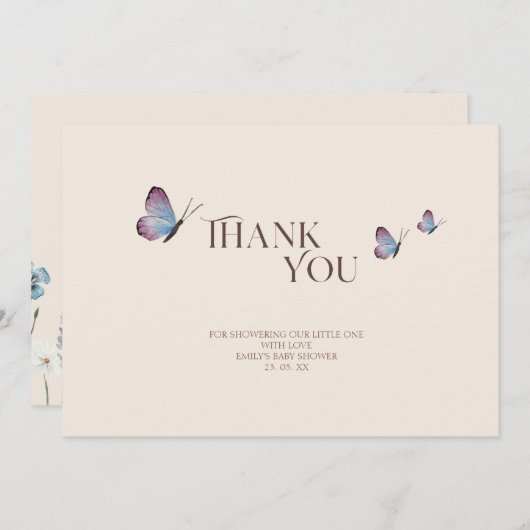 シンプル蝶とワイルドフラワーベビーシャワー サンキューカード (正面/裏面)