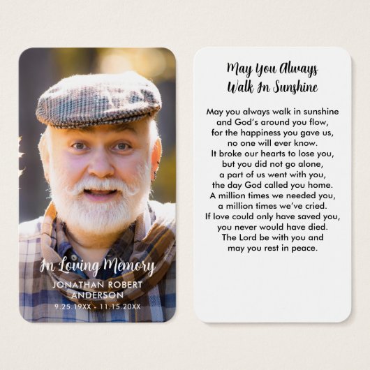 シンプル記念モダン写真悔やみや弔慰祈りの言葉カード (正面&裏面)