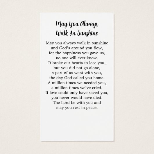 シンプル記念モダン写真葬式祈りの言葉カード (裏面)