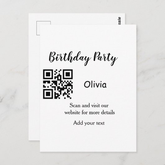 シンプル誕生日パーティーWebサイトバーコードQR追加の名前 ポストカード (正面/裏面)