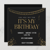 シンプル誕生日 |金ゴールドオン黒誕生日 招待状 (正面/裏面)