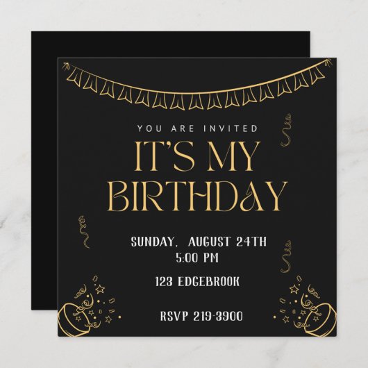 シンプル誕生日 |金ゴールドオン黒誕生日 招待状 (正面/裏面)