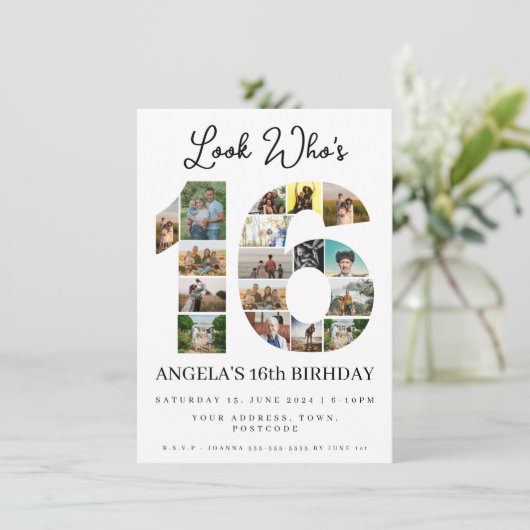 シンプル誰が16フォトコラージュの誕生日を見て10代のる 招待状 (スタンド正面)