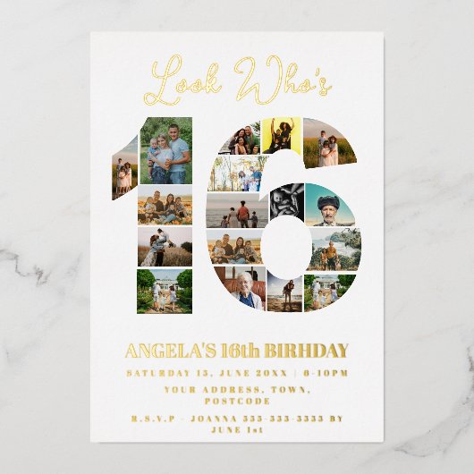 シンプル誰が16フォトコラージュの誕生日を見て10代のる 箔招待状 (正面)