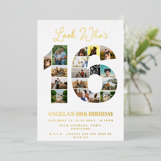 シンプル誰が16フォトコラージュの誕生日を見て10代のる 箔招待状 (立ち正面)