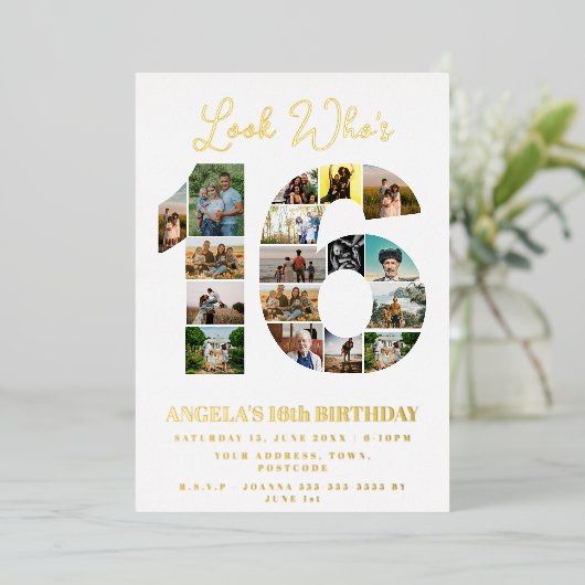 シンプル誰が16フォトコラージュの誕生日を見て10代のる 箔招待状 (立ち正面)