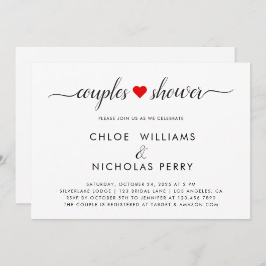 シンプル赤いハートエレガントカップルのシャワー 招待状 (正面/裏面)