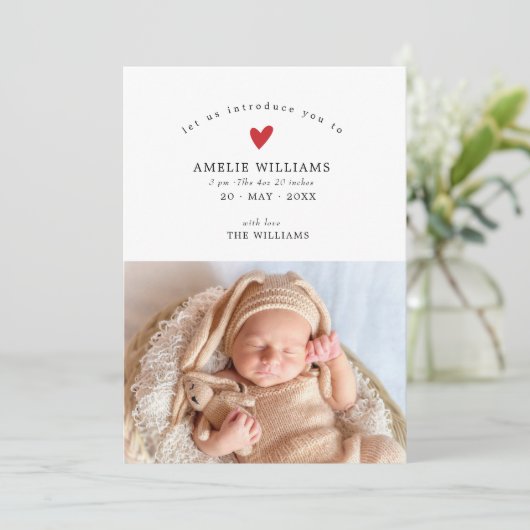 シンプル赤いハートエレガント2枚の写真ベビーシャワー サンキューカード (スタンド正面)