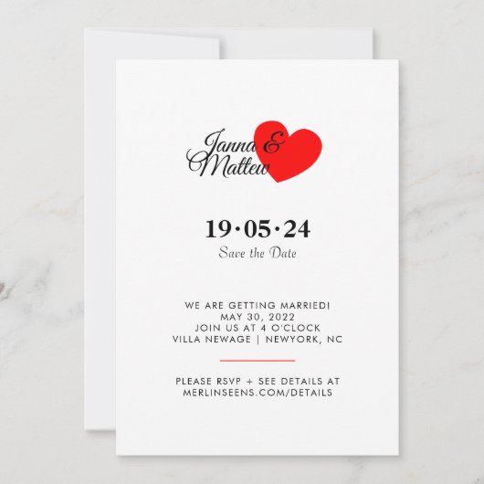 シンプル赤いハートザオ結婚フ招待状 |日付 招待状 (正面)