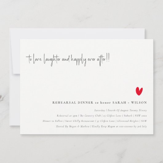 シンプル赤いハートスクリプトミニマルリハーサルディナー 招待状 (正面)