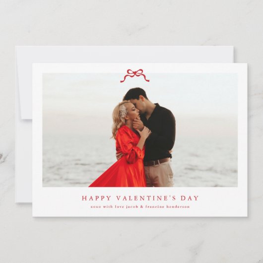 シンプル赤いハートボウハッピーバレンタインデー写真 シーズンカード (正面)