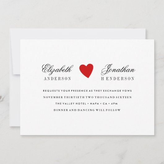 シンプル赤いハート書道結婚式招待状 招待状 (正面)