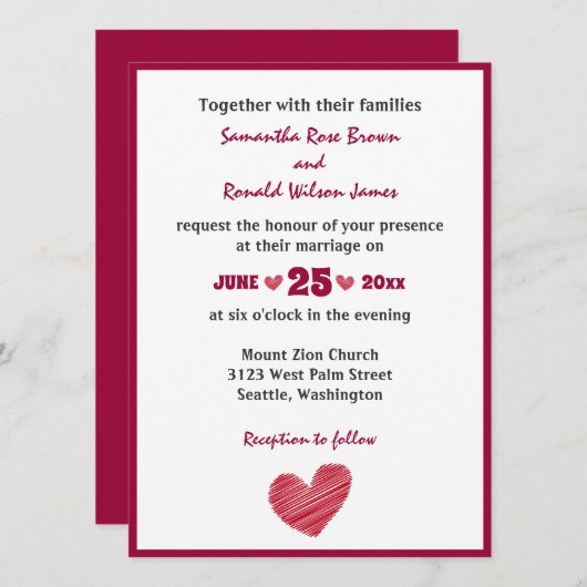シンプル赤いハート結婚式招待状 招待状 (正面/裏面)