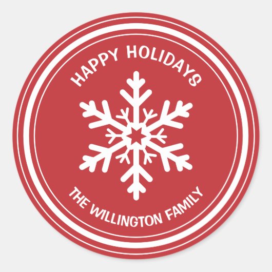 シンプル赤と白ハッピーホリデーズスノーフレーク ラウンドシール (正面)