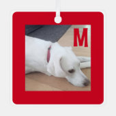 シンプル赤と白犬のイニシャルカスタム写真 メタルオーナメント (正面)