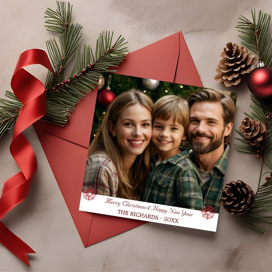 シンプル赤と緑の雪片ホリデーカード シーズンカード