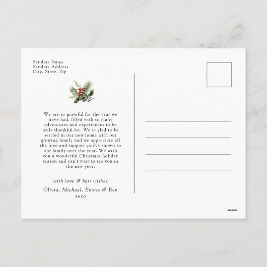 シンプル赤クリスマス植物写真コラージュ シーズンポストカード (裏面)