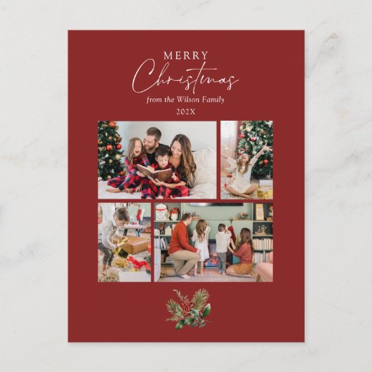 シンプル赤クリスマス植物写真コラージュ シーズンポストカード (正面)