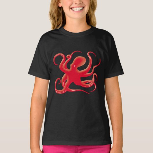 シンプル赤ベクターアートタコのシルエット Tシャツ (正面)