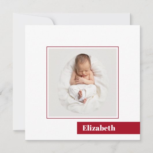 シンプル赤ミニマル写真誕生のお知らせ 招待状 (正面)