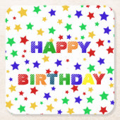 シンプル赤モダン星カラフル誕生会 スクエアペーパーコースター (正面)