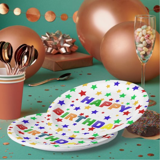 シンプル赤モダン星カラフル誕生会 ペーパープレート (複数)