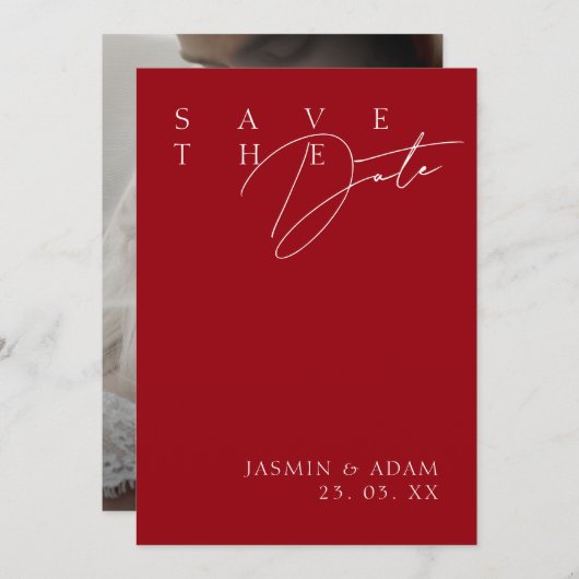 シンプル赤モダン白結婚写真 セーブザデート (正面/裏面)