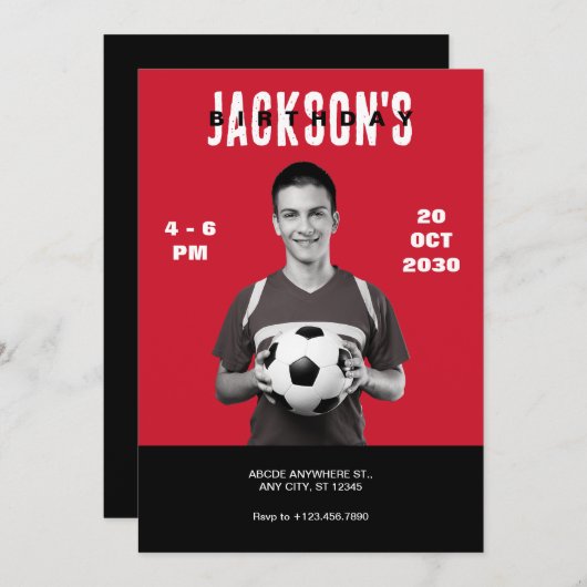 シンプル赤写真サッカー雑誌カバー誕生日 招待状 (正面/裏面)