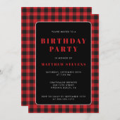 シンプル赤格子誕生日パーティーの招待 招待状 (正面/裏面)