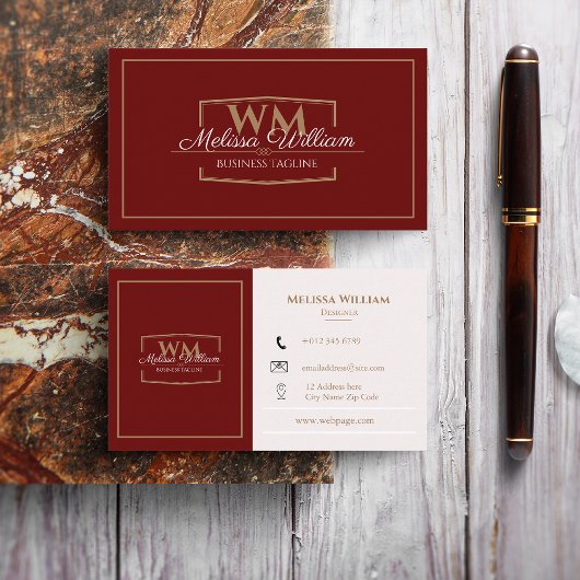 シンプル赤白色モノグラム 名刺