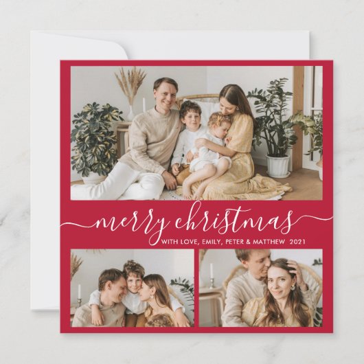 シンプル赤白3フォトコラージクリスマスホリデー シーズンカード (正面)
