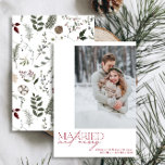 シンプル赤結婚したとメリー新婚の写真 シーズンカード<br><div class="desc">私たちの新しい素晴らしを紹介シンプル赤とニュー結婚したリウェッド写真のホリデーカードモダン:フェスティバルでタイポグラフィと大切な写真をフィーチャーしたデザイン。フロントミニマルは背中に暖かいフェスティバルの水彩植物模様で補完され、緑、ユーカリ、松のコーンや果実を展示している。休日の祝魅力のtouchであなたの特別な瞬間に最適。一致する製品の連絡先デザイナー。著作権Anastasia Surridge、全著作権所有。</div>