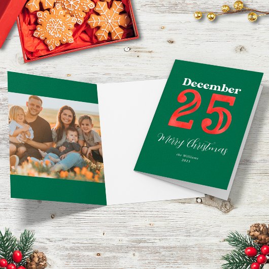 シンプル赤緑メリークリスマス家族の写真 シーズンカード