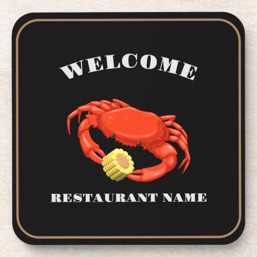 シンプル赤蟹コーンシーフードレストランロゴ名 コースター (正面)