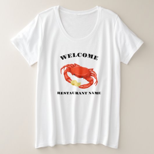 シンプル赤蟹コーンシーフードレストランロゴ名 プラスサイズTシャツ (デザイン正面)