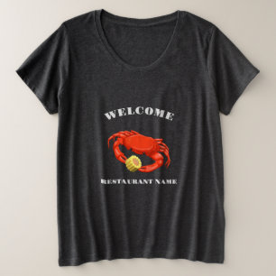 シンプル赤蟹コーンシーフードレストランロゴ名 プラスサイズTシャツ