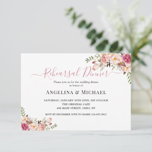 シンプル赤面ピンクフローラのリハ結婚ーサルディナー 招待状 (スタンド正面)