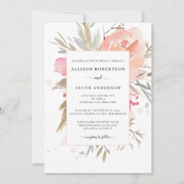 シンプル赤面ピンクフローラ結婚ズ 招待状