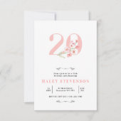 シンプル赤面ピンク白フローラ20誕生日 招待状 (正面)