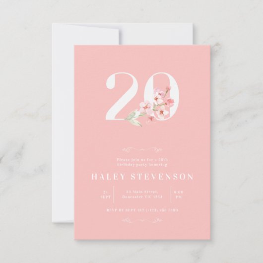 シンプル赤面ピンク白フローラ20誕生日 招待状 (正面)