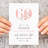 シンプル赤面ピンク白フローラ60th誕生日 招待状