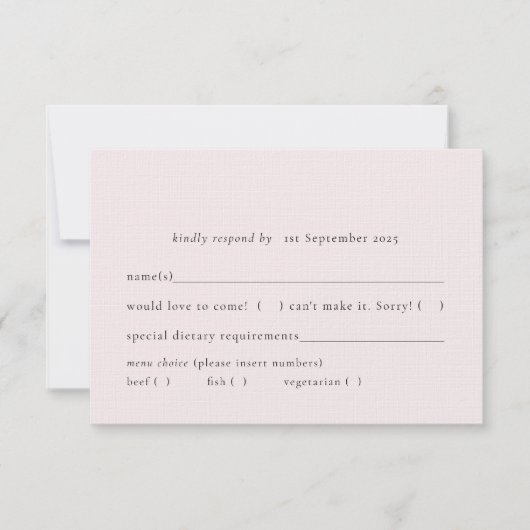 シンプル赤面ラ淡い色のイトピンク無地のミール選択 出欠カード (正面)