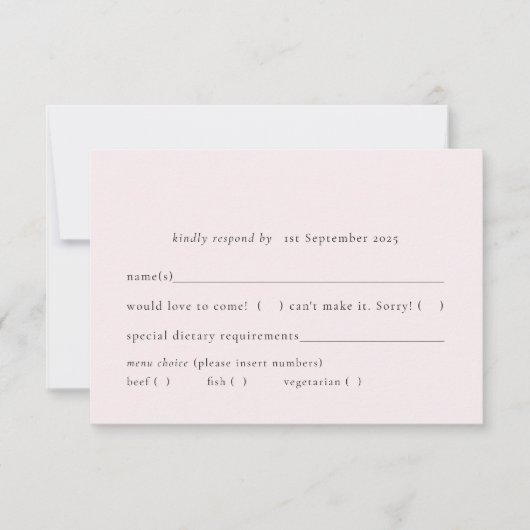 シンプル赤面ラ淡い色のイトピンク無地のミール選択 出欠カード (正面)