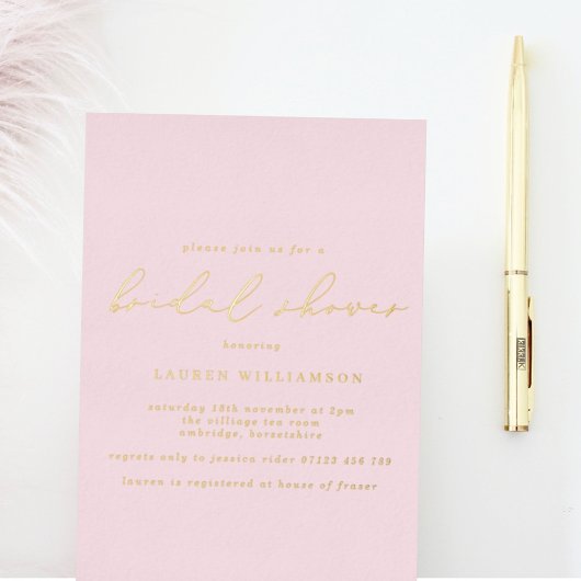 シンプル赤面書道ブライダルシャワー金ゴールド 箔招待状