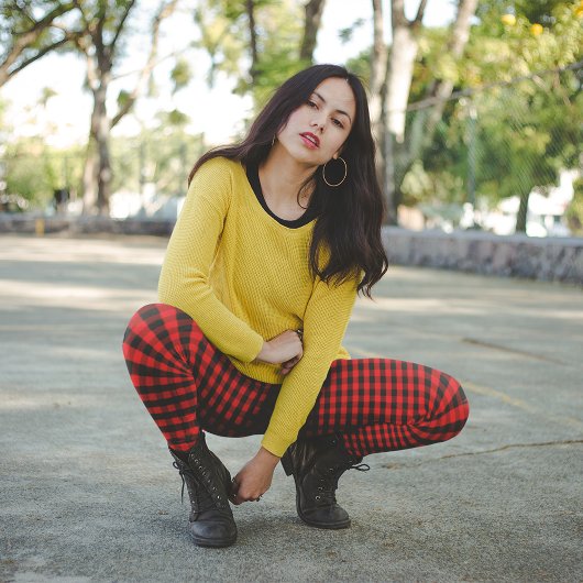 シンプル赤黒シック素朴バッファローチェックパターン レギンス